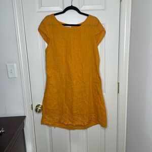 100% LINO Mustard Yellow Short Sleeve linen embroidered Dress with pockets | L